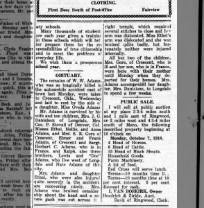 William Adams obituary 9/22/1918