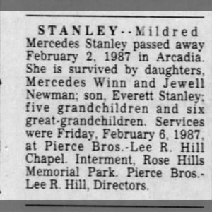 Obituary for Mildred Mercedes STANLEY