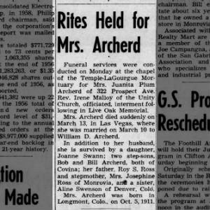 Funeral notice for Juanita Ross Archerd, 3 days after she was married to W. D. Archerd, 1958.
