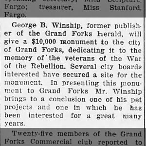 George Winship plans to give $10,000 Monument to Grand Forks