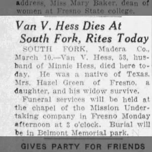 Obituary for Van V Hess
