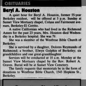 Obituary for Beryl A Houston