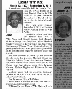Obituary for LUCINDA JACK Jack