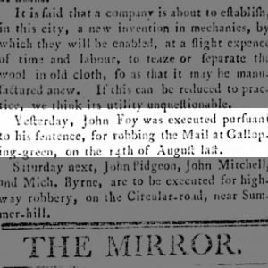 John Foy Executed for Mail robbery
The Waterford Mirror
20 Nov 1802, Sat ·Page 3