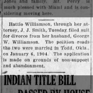 Williamson, Hattie; filed divorce Geo W Williamson