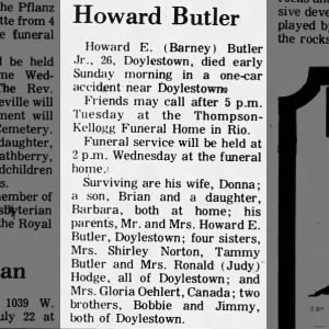 Howard E. "Barney" Butler, 26, died in car accident