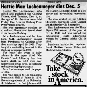 Hattie Mae Lachenmeyer Dies Dec. 5