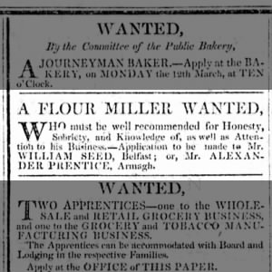 William Seed, Belfast advertising for a Flour Miller, Mar 1821