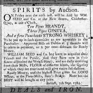 William Seed and Co, Belfast, spirits by auction, 7 Sep 1784