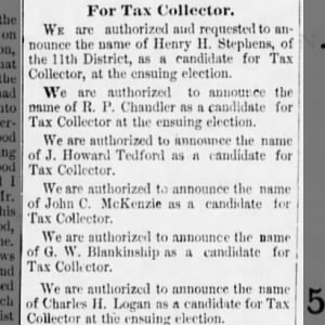 1874 08Aug 01 J Howard Tedford candidate for Tax Collector