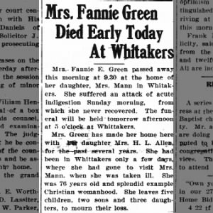 Fannie Greene Obituary