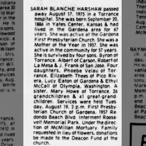 Obituary for SARAH BLANCHE HARSHAW