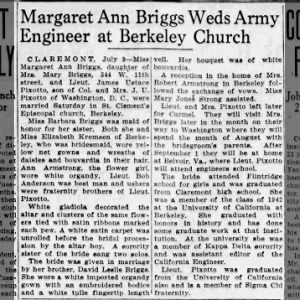 James Madera Peixotto & Margaret Ann Briggs marriage, The Pomona Progress Bulletin (CA) 9 Jul 1942