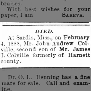 Obituary in The Dunn Signboard, Dunn, NC, 15 Mar 1888