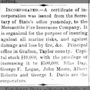 Certificate of Incorporation.  Mercantile Fire Insurance Co.  Albert John Roberts