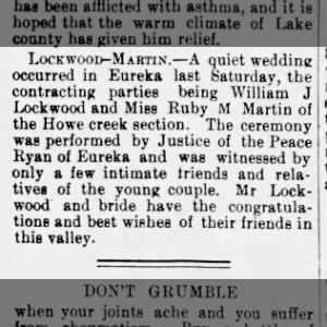 William J Lockwood wedding announcement Aug 7, 1906, bride is Miss Ruby M Martin, in Eureka