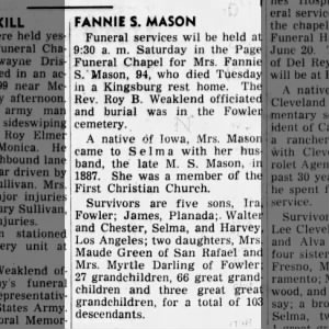 Obituary for FANNIE S. MASON