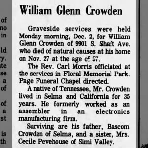 Obituary for William Glenn Crowden