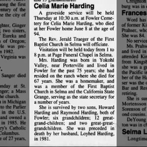Obituary for Celia Marie Harding