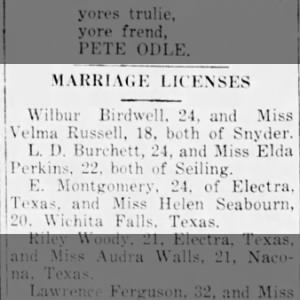 Marriage license...Helen Seabourn/E Montgomery 