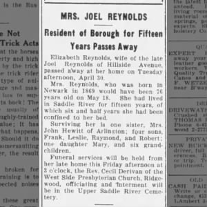 1935 Death notice for Elizabeth Reynolds in The Ridgewood Herald