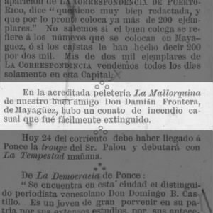 Fuego en La Mallorquina  de Don Damian Frontera en Mayaguez - 12/25/1890