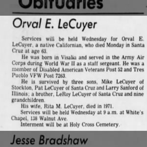 Obituary for Orval E. LeCuyer