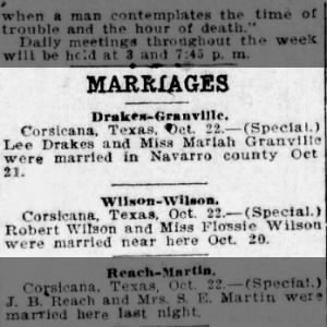 Marriage of Robert Wilson and Miss Flossie Wilson, married Oct 20 1907 near Corsicana