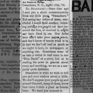 1892Apr16 Town of Swansboro Pt1 - Daily Concord, Concord NC, Saturday Pg3