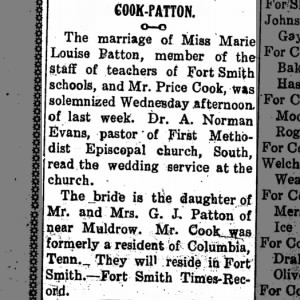 PATTON, Marie Louise 1898-1963 & COOK, Price -- 1924 Marriage Announcement, Muldrow OK