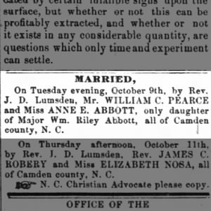Anne E Abbott only daughter of Maj Wm Wiley Abbott, Camden County, NC, 19 OCT 1860