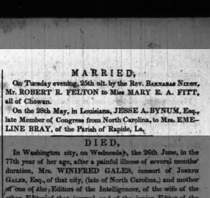 Mr. Robert R. Felton to Miss Mary E. A. Fitt -Married Tuesday, 25 June 1839