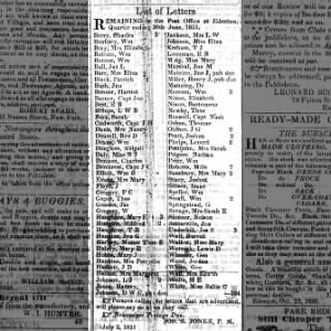 List of Letters. # Sep 1851 Edenton, NC.  Mrs Sarah Pettijohn