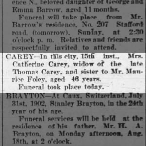 Obituary for Catherine CAREY