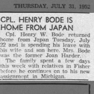 Cpl Henry Bode Home from Japan