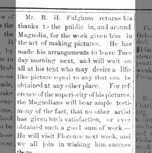 1873Mar 19 Mr R H Fulghum gives thanks to the public around Magnolia for his making picture