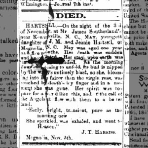 1872Nov8 Obituary One-year-old daughter of Mr J M and Jennie Hatsell of Magnolia