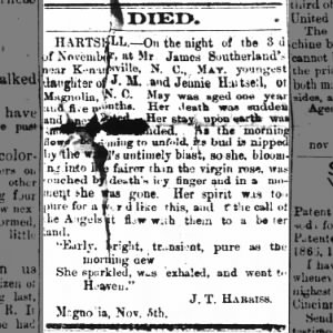 1872Nov8 One year old daughter of J.M. & Jennie Harsell died on the 3rd at James Southerland's Pg 3