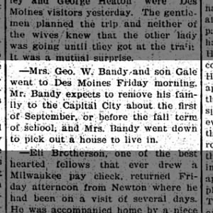 Geo N Bandy family to move to Des Moines 1902