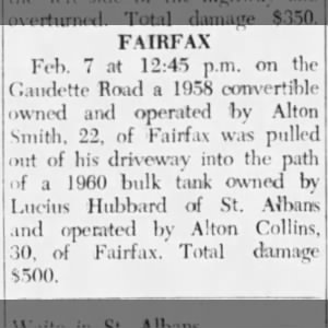 Alton's Car Accident Swanton Courier Feb 11 1960 p2
