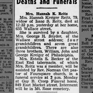 Obituary for Hannah Kreiger Reitz