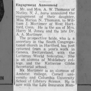 Engagement announcement of William J. Mortimer and Marion N. Thomann