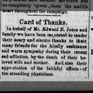 Card of Thanks from Edwin (clip says Edward but it's not ) E Jones family for care for Mrs E E Jones