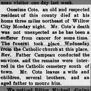 Death notice Onesime Cote Oct. 1849 - Nov. 1905