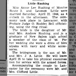 Marriage of Miss Annie Lee Rushing and Leomon Little on 22 April 1944 in Lancaster column 3