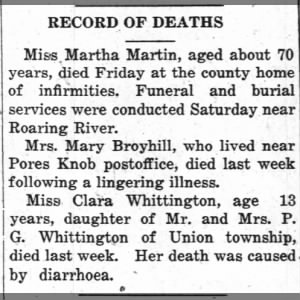 Martha Martin, age about 70 death