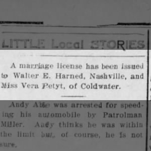 marriage license, Vera Petyt of Coldwater and Walter E Howard of Nashville