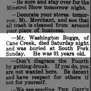 death of Mr. Washington Boggs, 1912