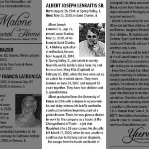Albert Joseph Lenkaitis Sr St. Charles Kane County Chronicle Thu May 14 2020 Page a24