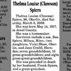 Obituary for Thelma Louise (Clawson) Spiers (Aged 90)